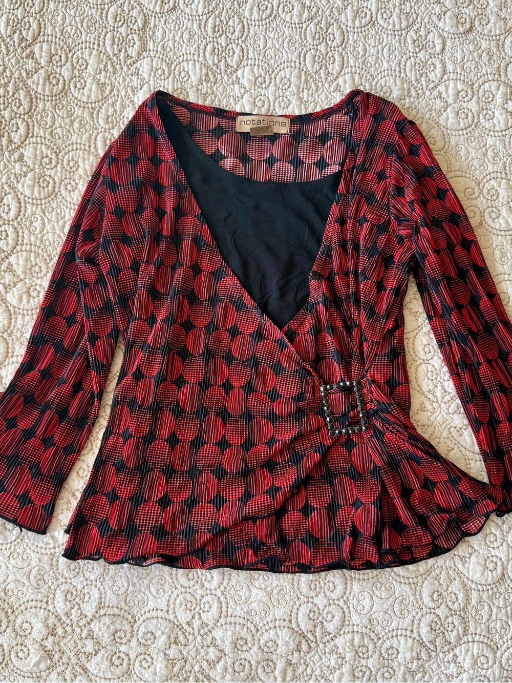 Vintage Y2K red & black polka dot wrap top with decorative brooch